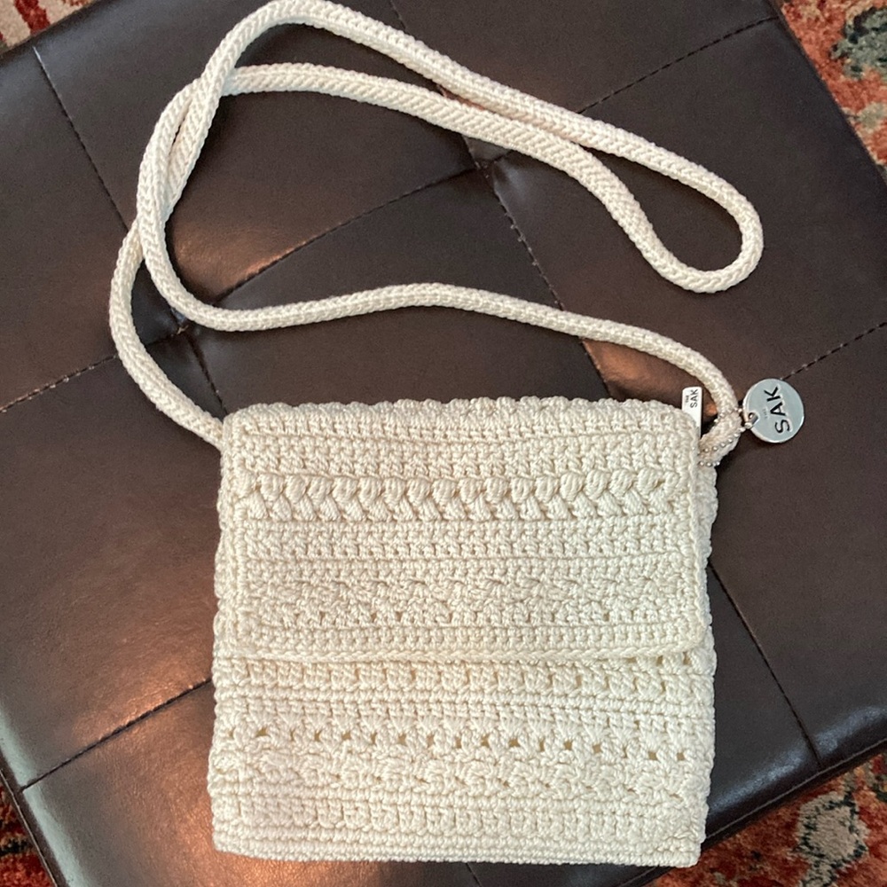 The Sak Ivory Crochet Crossbody Bag with Silver Metallic Thread